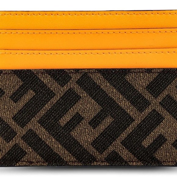 FENDI 'FF Logo w/ Orange Detail' Authentic Men's Canvas/Leather Card Holder NWT! - Picture 3 of 15